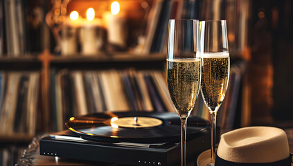 A vintage-style photo of two champagne glasses and an old-fashioned hat, with classic vinyl records in the background. The setting is warm and inviting, evoking nostalgic vibes.