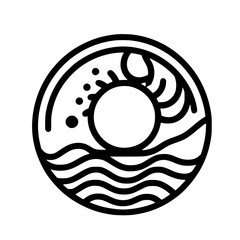 Minimalist Sunrise Over Waves Circle Icon, Black & White, Vector Art