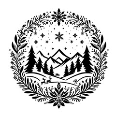 Winter Wonderland Circle: Black and White Floral Scene