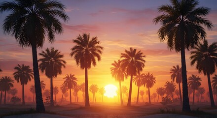Obraz premium Palm Tree Silhouettes at Sunset with Warm Sunlight Glow