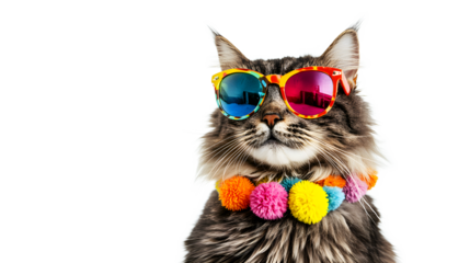 A cat wearing sunglasses and a colorful scarf