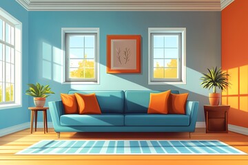 Fototapeta premium Modern Living Room Interior Design. Blue Sofa, Orange Accents, and Natural Light for a Vibrant Space