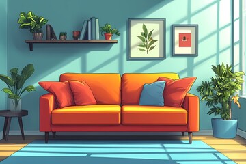 Vibrant Modern Living Room Interior with Colorful Decor and Indoor Plants