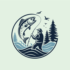 Retro Style Fishing Logo with Angler Catching Big Trout in Nature Scene.