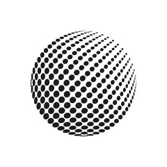 Halftone dot sphere. Circle shape illusion. Abstract globe vector. Black dotted object.