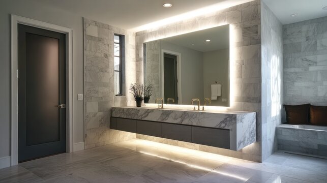 Contemporary bathroom with floating vanity, backlit mirror, and marble tiles  