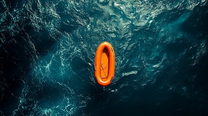 An orange life raft adrift on turbulent dark-blue ocean waters.