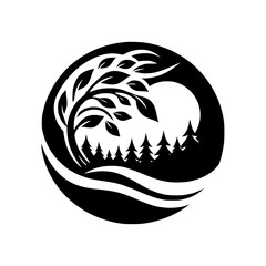 Black & White Nature Logo: Tree, Forest, Circle Design