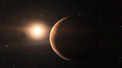 Naklejka premium Celestial Dance, A Ringed Planet and its Moon Bathed in Distant Starlight