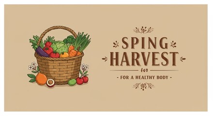 Spring Harvest Basket with Vegetables and Fruits on Beige Background  