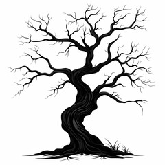 Abstract Black and White Illustration of Twisty Leafless Tree Silhouette with Spooky Vibes - Natures Shadowy Ornamental Art