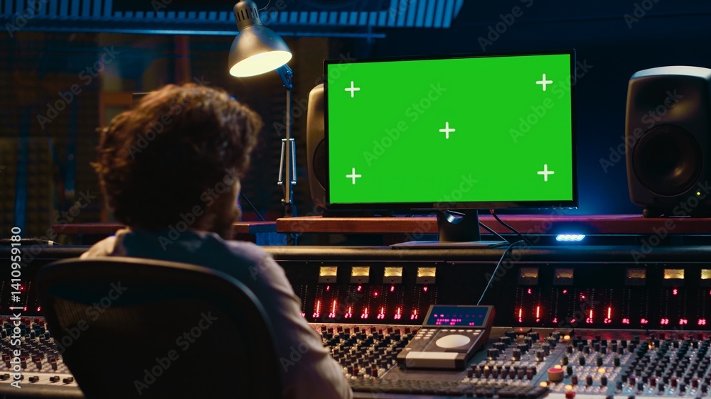Poster Sound designer watches online tutorials via greenscreen monitor to mix and master tracks and create music for his album. Audio engineer producing songs by twisting knobs and pushing faders. Camera A.