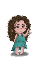 curly little girl twirling a curl on her finger in a green blue dress on a white transparent background