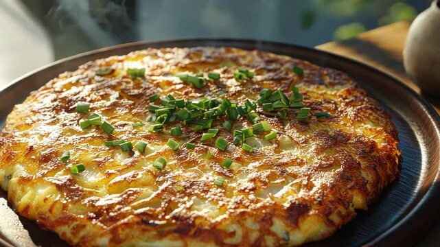 Crispy, golden ramen omelet on wooden plate outdoors