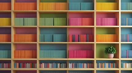 Colorful bookshelf filled with rainbow-sorted books in a modern library or study room interior, showcasing knowledge, organization, education, and visual harmony in literature
