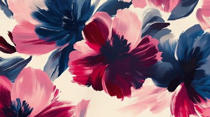 A vibrant floral pattern with bold, painterly blooms in deep reds, pinks, and blues.