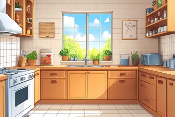 Modern Kitchen Interior Design with Natural Light. Cozy and Vibrant Culinary Atmosphere Featuring Wooden Cabinets, Stainless Appliances, and Inviting Daylight.