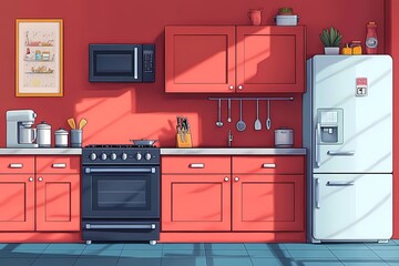 Modern Red Kitchen Interior. Stylish & Functional Cooking Space with Clean Lines and Bright Decor