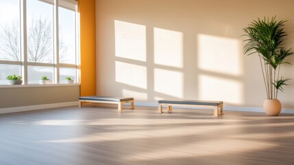 Room with benches and sunlight