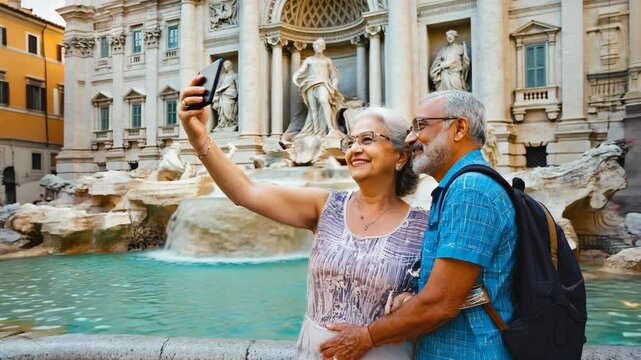 Senior couple taking selfie at a majestic fountain with sculptures during a sunny day out on vacation in a foreign country, creating memories.
