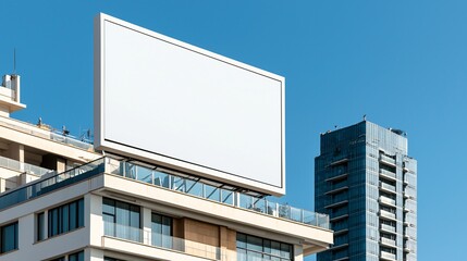 Minimalist rooftop billboard with clean white frame, skyscraper in the background, clear sky, no advertising elements visible