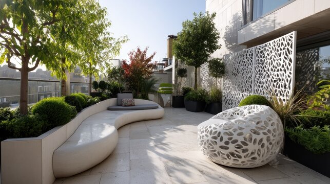 Contemporary terrace with sculptural furniture and privacy screens  