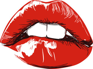 Red lips biting in sketch style with sensual expression, pop art illustration. Vector illustration