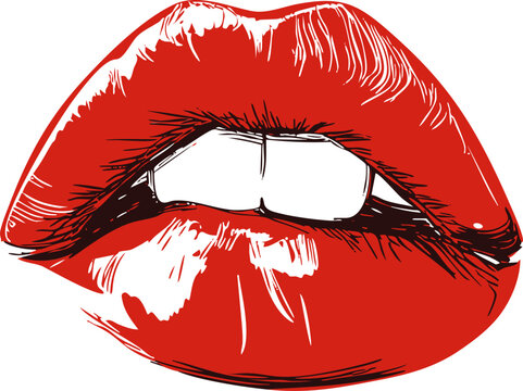 Red lips biting in sketch style with sensual expression, pop art illustration. Vector illustration
