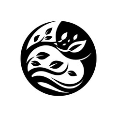 Yin Yang Nature Logo: Leaves in Balance, Minimalist Black & White Design