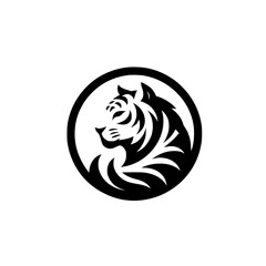 Naklejka premium Minimalist Tiger Head Logo in Circle, Black and White Vector Design