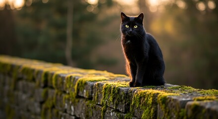 Obraz premium Black Cat Sitting on Mossy Stone Wall at Sunset