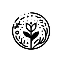 Minimalist Botanical Logo: Flower & Nature Icon in a Circle, Black & White Design.