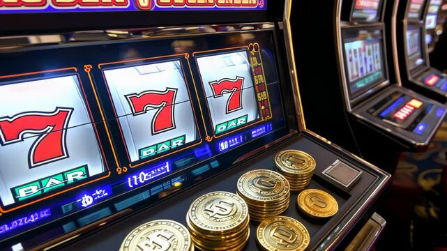 Casino slot machine with winning 7s and crypto coins