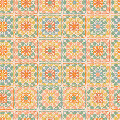 Crochet vector background. Multicolored abstract seamless pattern. Lace texture. knitted by hand or machine. Granny and cottage core allover print for fabric, wrapping paper, textile, ads