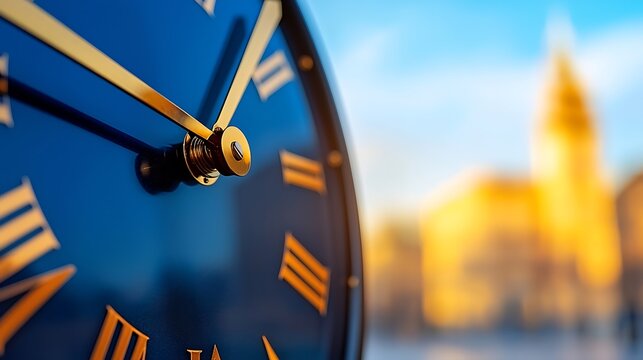 Close-up of a clock with Roman numerals against a blurred cityscape in the background