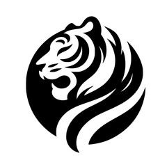 Bold Tiger Head Silhouette in Circle, Black and White Vector Illustration