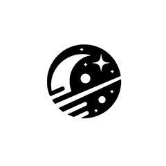 Minimalist Black & White Space Logo: Crescent Moon, Stars, and Orbit