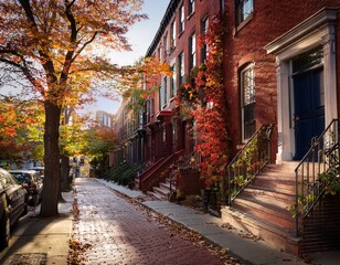 Fototapeta premium Cozy Boston street in autumn—red-brick brownstones, golden sunlight, swirling leaves, wild grapevines, and a soft breeze capture urban charm and seasonal warmth.