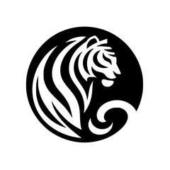 Stylized Tiger Head in a Black Circle, Minimalist Design