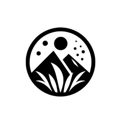 Monochromatic Nature Logo: Mountains, Sun & Grass Circle Icon