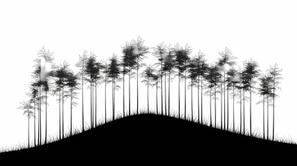 Majestic Forest Silhouettes. Tranquil Scenic Landscape of Trees and Hills in Black and White