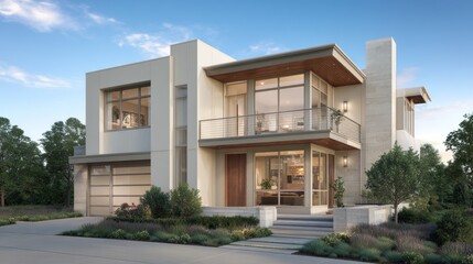 Elegant coastal exterior with sleek glass accents, soft sand tones, and a modern maritime vibe. 