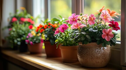 Vibrant flowers in terracotta pots adorn a windowsill.