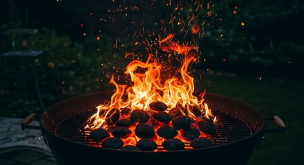 Bright Orange Flames Burning in a Charcoal Grill at Night