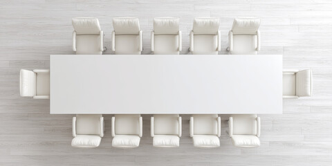Modern conference room, top view of an empty office conference table and chairs around it. 