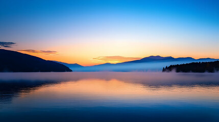 Misty Sunrise Over Mountain Lake Landscape