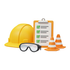 3D Illustration Construction Safety Gear with Checklist on Clipboard and Traffic Cones