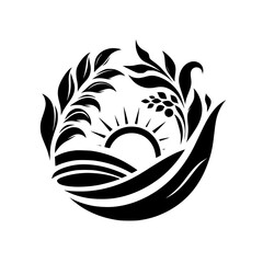 Black and White Farm Logo: Sun, Fields, and Foliage Illustration
