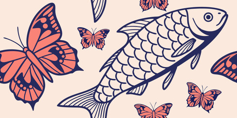 Obraz premium Seamless Pattern with Koi Fish and Butterflies Elegant Nature Design