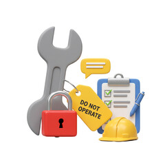 3D Illustration Safety Lockout Tagout Procedures and Maintenance Tools on Isolated Background
